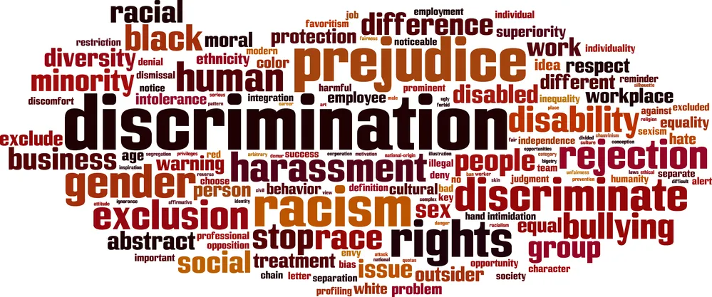 A bubble of words related to discrimination and bullying.